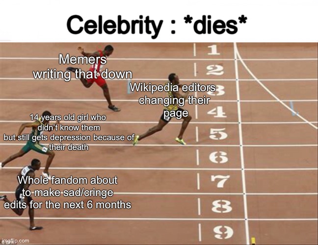 Just started posting | Celebrity : *dies*; Memers 
writing that down ; Wikipedia editors 
changing their
 page; 14 years old girl who 
didn’t know them
 but still gets depression because of 
their death; Whole fandom about to make sad/cringe edits for the next 6 months | image tagged in celebrity | made w/ Imgflip meme maker