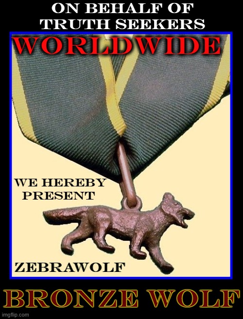 ON BEHALF OF TRUTH SEEKERS BRONZE WOLF WORLDWIDE WE HEREBY PRESENT ZEBRAWOLF | made w/ Imgflip meme maker