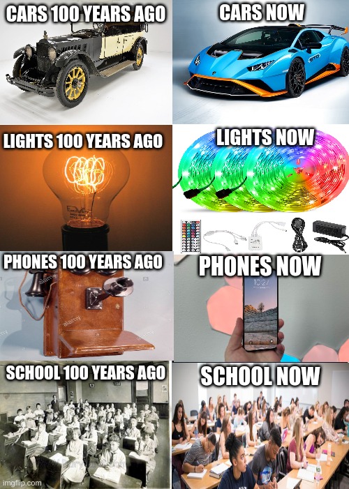 school doesn't change |  CARS NOW; CARS 100 YEARS AGO; LIGHTS 100 YEARS AGO; LIGHTS NOW; PHONES 100 YEARS AGO; PHONES NOW; SCHOOL 100 YEARS AGO; SCHOOL NOW | image tagged in memes,expanding brain,school,cell phones,cars | made w/ Imgflip meme maker