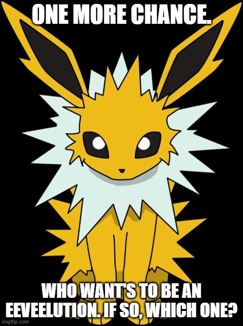 The regestration won't close, but I'll stop asking after this image. | ONE MORE CHANCE. WHO WANT'S TO BE AN EEVEELUTION. IF SO, WHICH ONE? | image tagged in pokemon,stream,jolteon | made w/ Imgflip meme maker