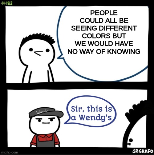 eyes | PEOPLE COULD ALL BE SEEING DIFFERENT COLORS BUT WE WOULD HAVE NO WAY OF KNOWING | image tagged in sir this is a wendys | made w/ Imgflip meme maker