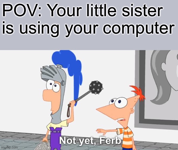 this is what being the oldest feels like |  POV: Your little sister is using your computer | image tagged in not yet ferb,annoying little sister,oh wow are you actually reading these tags | made w/ Imgflip meme maker