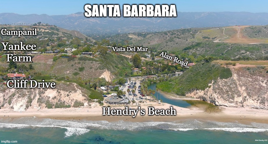 Santa Barbara | SANTA BARBARA; Campanil; Yankee Farm; Vista Del Mar; Alan Road; Cliff Drive; Hendry's Beach | image tagged in map,santa barbara,mesa | made w/ Imgflip meme maker