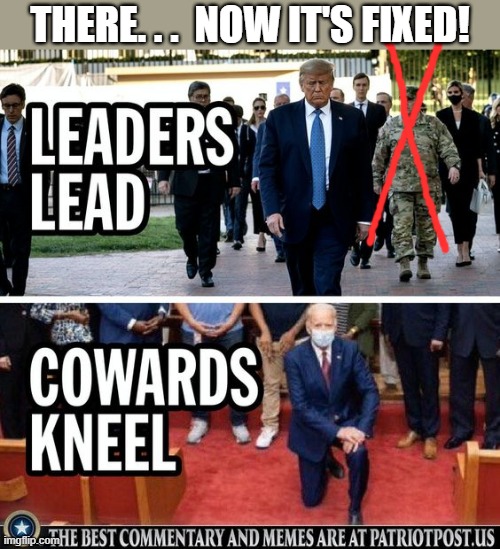leaders lead, cowards kneel fixed |  THERE. . .  NOW IT'S FIXED! | image tagged in political memes,president trump,general milley,leaders,cowards,kneel | made w/ Imgflip meme maker