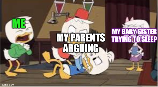 Huey and dewey fighting | ME; MY BABY SISTER TRYING TO SLEEP; MY PARENTS ARGUING | image tagged in huey and dewey fighting | made w/ Imgflip meme maker