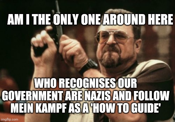 the Government | AM I THE ONLY ONE AROUND HERE; WHO RECOGNISES OUR GOVERNMENT ARE NAZIS AND FOLLOW MEIN KAMPF AS A 'HOW TO GUIDE' | image tagged in memes,am i the only one around here,covid,plandemic | made w/ Imgflip meme maker