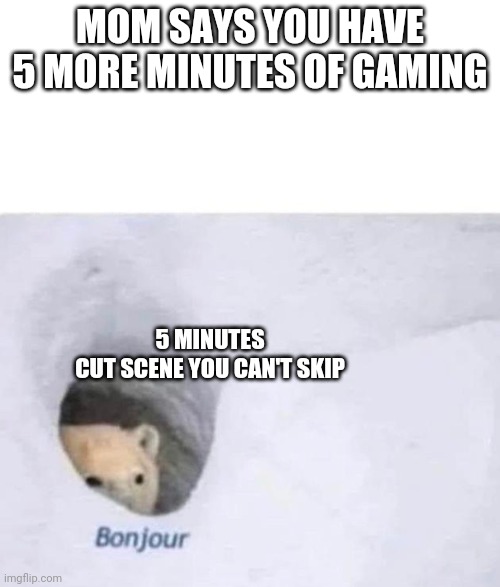 Bonjour | MOM SAYS YOU HAVE 5 MORE MINUTES OF GAMING; 5 MINUTES CUT SCENE YOU CAN'T SKIP | image tagged in bonjour | made w/ Imgflip meme maker