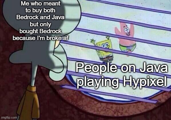 Squidward window | Me who meant to buy both Bedrock and Java but only bought Bedrock because I'm broke af; People on Java playing Hypixel | image tagged in squidward window | made w/ Imgflip meme maker