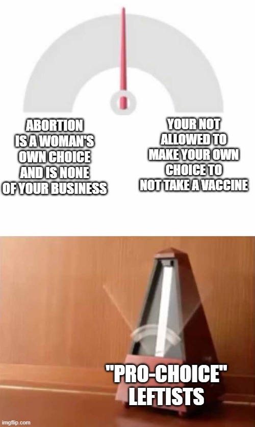 You cannot call yourself "pro-choice" and call for vaccines to be forced on people | YOUR NOT ALLOWED TO MAKE YOUR OWN CHOICE TO NOT TAKE A VACCINE; ABORTION IS A WOMAN'S OWN CHOICE AND IS NONE OF YOUR BUSINESS; "PRO-CHOICE" LEFTISTS | image tagged in metronome,abortion,vaccines,liberal hypocrisy,choice | made w/ Imgflip meme maker