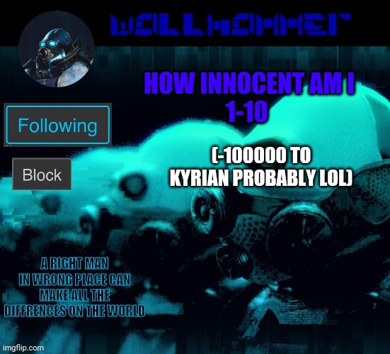 HOW INNOCENT AM I
1-10; (-100000 TO KYRIAN PROBABLY LOL) | image tagged in wallhammer | made w/ Imgflip meme maker