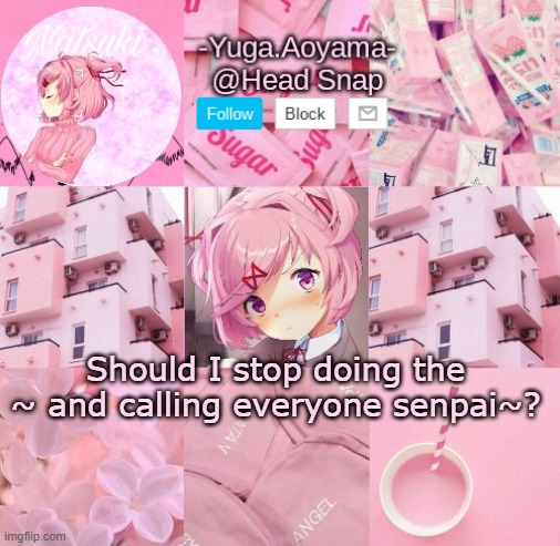 Natsuki temp | Should I stop doing the ~ and calling everyone senpai~? | image tagged in natsuki temp | made w/ Imgflip meme maker