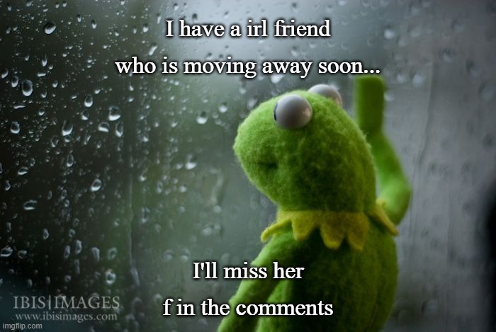 i'm sad | I have a irl friend who is moving away soon... I'll miss her
f in the comments | image tagged in kermit window | made w/ Imgflip meme maker