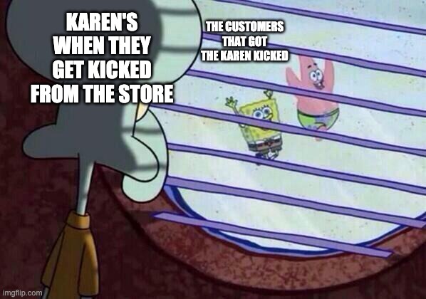 Squidward window | KAREN'S WHEN THEY GET KICKED FROM THE STORE; THE CUSTOMERS THAT GOT THE KAREN KICKED | image tagged in squidward window | made w/ Imgflip meme maker