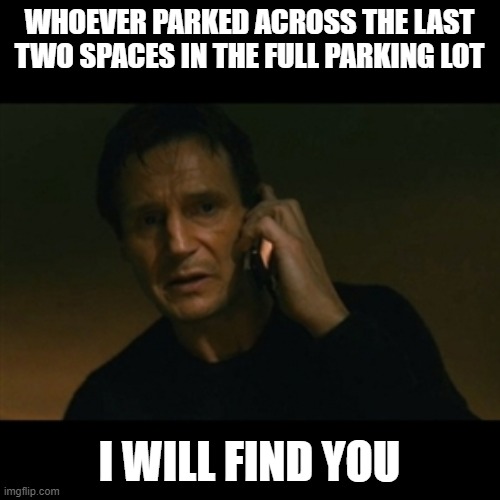 Liam Neeson Taken Meme | WHOEVER PARKED ACROSS THE LAST TWO SPACES IN THE FULL PARKING LOT I WILL FIND YOU | image tagged in memes,liam neeson taken | made w/ Imgflip meme maker