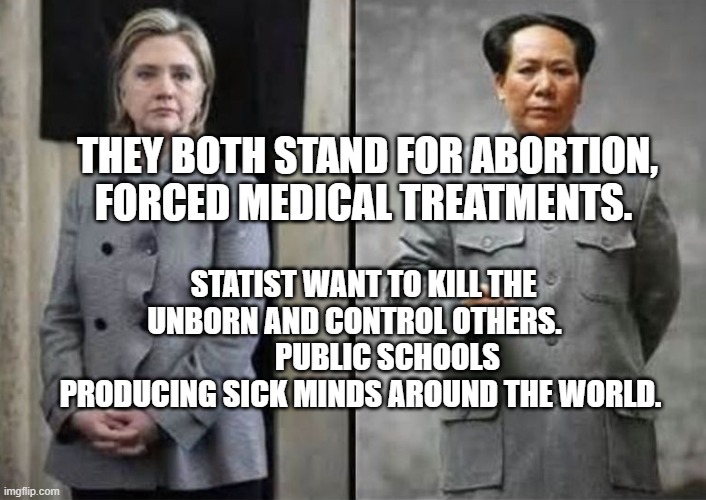 Hillary Clinton Chaiman Mao Zedong | THEY BOTH STAND FOR ABORTION, FORCED MEDICAL TREATMENTS. STATIST WANT TO KILL THE UNBORN AND CONTROL OTHERS.   
        PUBLIC SCHOOLS PRODUCING SICK MINDS AROUND THE WORLD. | image tagged in hillary clinton chaiman mao zedong | made w/ Imgflip meme maker