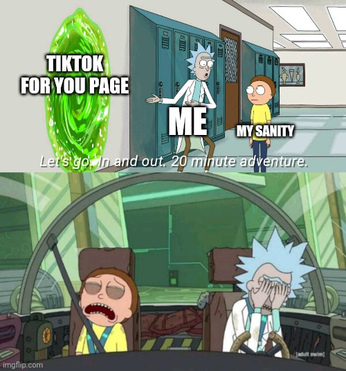 20 minute adventure rick morty | TIKTOK FOR YOU PAGE; ME; MY SANITY | image tagged in 20 minute adventure rick morty | made w/ Imgflip meme maker