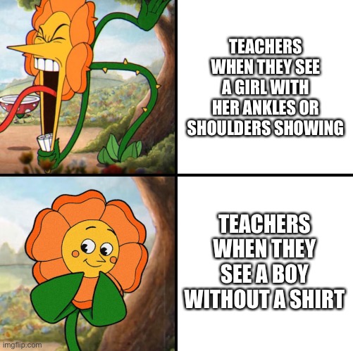 It's true... |  TEACHERS WHEN THEY SEE A GIRL WITH HER ANKLES OR SHOULDERS SHOWING; TEACHERS WHEN THEY SEE A BOY WITHOUT A SHIRT | image tagged in angry flower,dress code,teachers,stupid,cuphead,memes | made w/ Imgflip meme maker