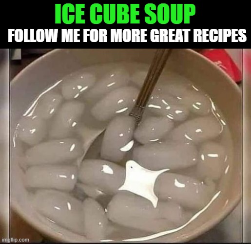 Ice cube soup | FOLLOW ME FOR MORE GREAT RECIPES; ICE CUBE SOUP | image tagged in fake news,recipes,kewlew | made w/ Imgflip meme maker