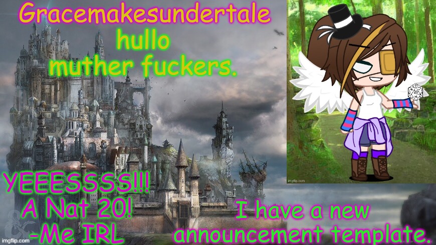 >:) | hullo muther fuckers. I have a new announcement template. | image tagged in gracemakesundertale's d d template | made w/ Imgflip meme maker