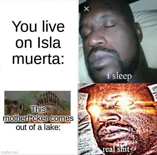 Sleeping Shaq Meme | You live on Isla muerta:; This motherf*cker comes out of a lake: | image tagged in memes,sleeping shaq | made w/ Imgflip meme maker