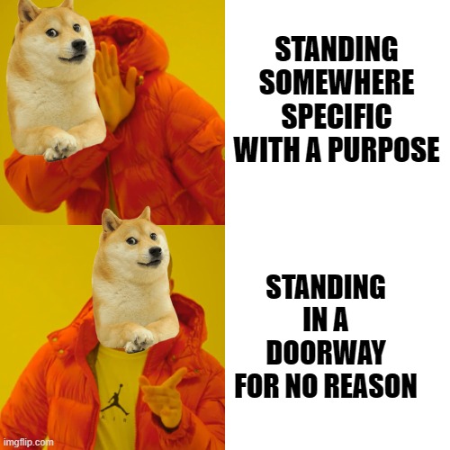 Drake Hotline Bling Meme | STANDING SOMEWHERE SPECIFIC WITH A PURPOSE; STANDING IN A DOORWAY FOR NO REASON | image tagged in memes,drake hotline bling | made w/ Imgflip meme maker