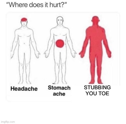 Aaaaaa | STUBBING YOU TOE | image tagged in where does it hurt | made w/ Imgflip meme maker