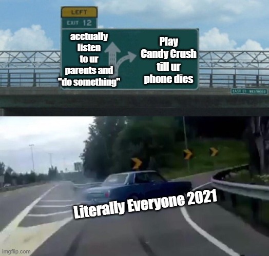 Left Exit 12 Off Ramp Meme | acctually listen to ur parents and "do something"; Play Candy Crush till ur phone dies; Literally Everyone 2021 | image tagged in memes,left exit 12 off ramp | made w/ Imgflip meme maker