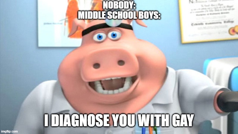 I Diagnose You With Dead | NOBODY:
MIDDLE SCHOOL BOYS:; I DIAGNOSE YOU WITH GAY | image tagged in i diagnose you with dead | made w/ Imgflip meme maker