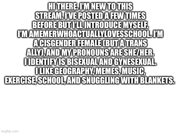 Hi there! | HI THERE. I’M NEW TO THIS STREAM. I’VE POSTED A FEW TIMES BEFORE BUT I’LL INTRODUCE MYSELF. I’M AMEMERWHOACTUALLYLOVESSCHOOL. I’M A CISGENDER FEMALE (BUT A TRANS ALLY), AND MY PRONOUNS ARE SHE/HER. I IDENTIFY IS BISEXUAL AND GYNESEXUAL. I LIKE GEOGRAPHY, MEMES, MUSIC, EXERCISE, SCHOOL, AND SNUGGLING WITH BLANKETS. | image tagged in blank white template | made w/ Imgflip meme maker