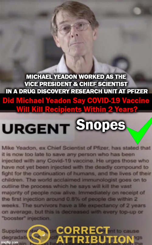 Specifically, Yeadon claimed that recipients of the booster shots will die within two years... | MICHAEL YEADON WORKED AS THE VICE PRESIDENT & CHIEF SCIENTIST
 IN A DRUG DISCOVERY RESEARCH UNIT AT PFIZER; Did Michael Yeadon Say COVID-19 Vaccine
 Will Kill Recipients Within 2 Years? Snopes | image tagged in politics,covid-19,death,shots | made w/ Imgflip meme maker