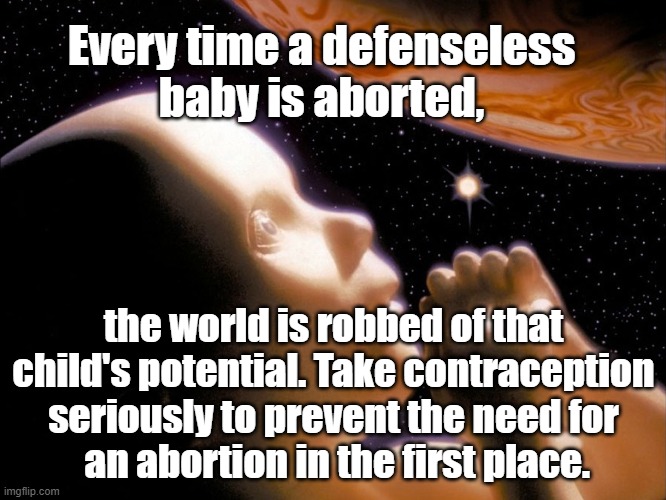 Every time a defenseless baby is aborted, the world is robbed of that child's potential. Take contraception seriously. |  Every time a defenseless 
baby is aborted, the world is robbed of that child's potential. Take contraception seriously to prevent the need for
 an abortion in the first place. | image tagged in memes,political memes,abortion is murder,abortion,contraception,personal responsibility | made w/ Imgflip meme maker