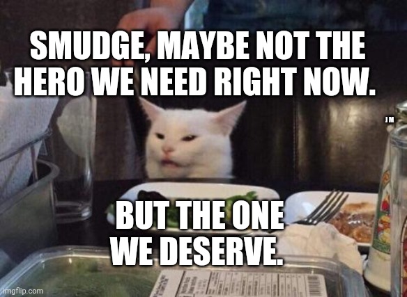 Salad cat | SMUDGE, MAYBE NOT THE HERO WE NEED RIGHT NOW. J M; BUT THE ONE WE DESERVE. | image tagged in salad cat | made w/ Imgflip meme maker