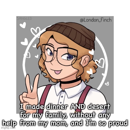 Much foods | I made dinner AND desert for my family, without any help from my mom, and I’m so proud | image tagged in london_finch | made w/ Imgflip meme maker