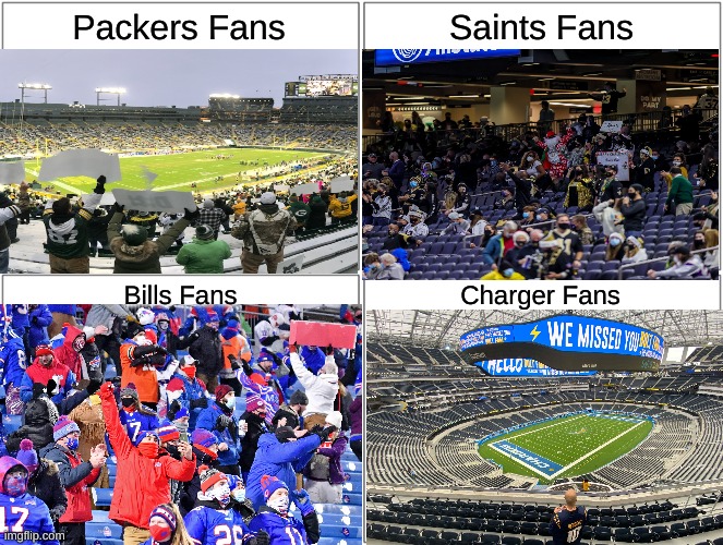 Hey. At least the chargers have a fan | Packers Fans; Saints Fans; Bills Fans; Charger Fans | image tagged in memes,blank comic panel 2x2,nfl,funny,fans | made w/ Imgflip meme maker