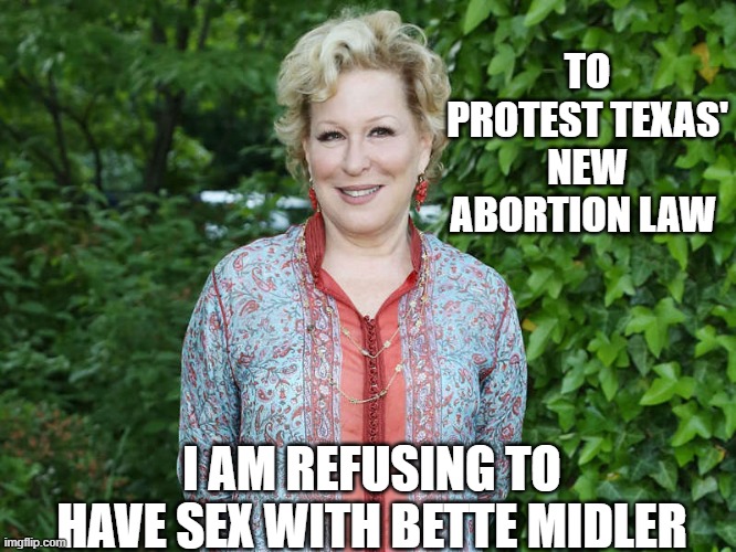 Bette Midler recommends 'all women refuse to have sex with men' in protest of Texas abortion law | TO PROTEST TEXAS' NEW ABORTION LAW; I AM REFUSING TO HAVE SEX WITH BETTE MIDLER | made w/ Imgflip meme maker