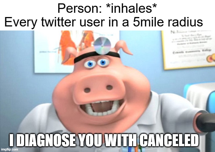 yes | Person: *inhales*
Every twitter user in a 5mile radius; I DIAGNOSE YOU WITH CANCELED | image tagged in i diagnose you with dead,twitter | made w/ Imgflip meme maker