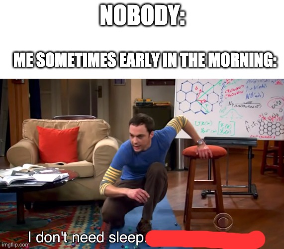 I don't need sleep | NOBODY:; ME SOMETIMES EARLY IN THE MORNING: | image tagged in i don't need sleep i need answers | made w/ Imgflip meme maker