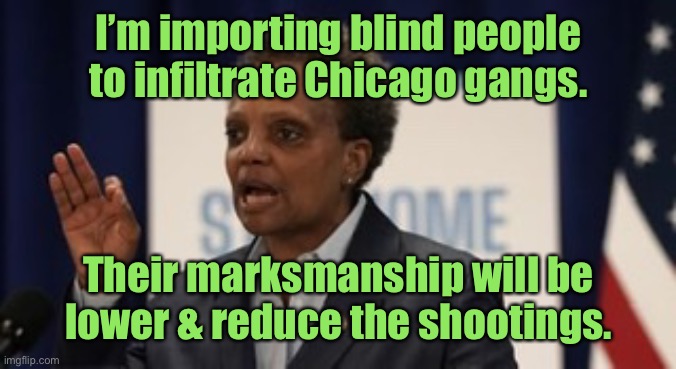 Lori lightfoot | I’m importing blind people to infiltrate Chicago gangs. Their marksmanship will be lower & reduce the shootings. | image tagged in lori lightfoot | made w/ Imgflip meme maker