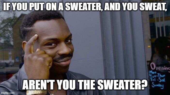 Roll Safe Think About It Meme | IF YOU PUT ON A SWEATER, AND YOU SWEAT, AREN'T YOU THE SWEATER? | image tagged in memes,roll safe think about it | made w/ Imgflip meme maker