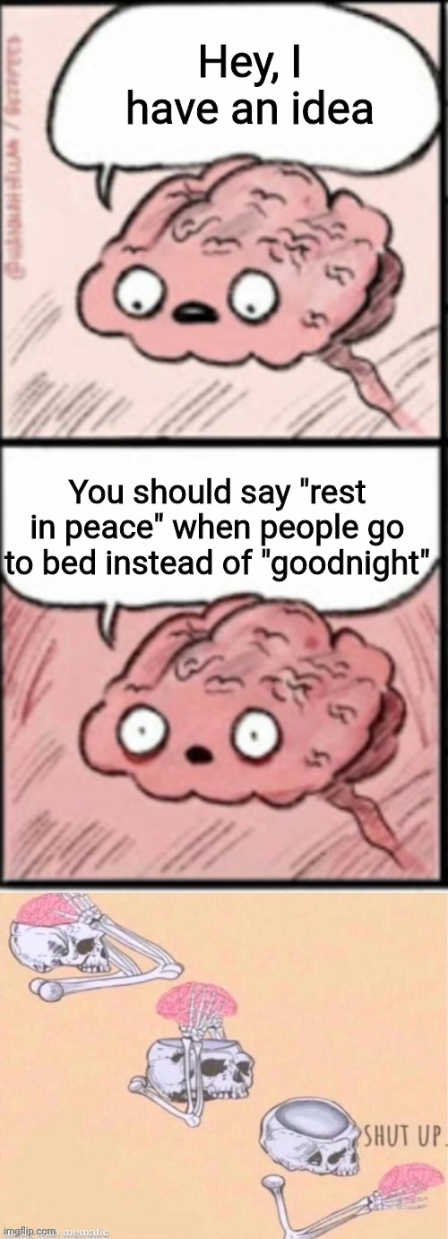 My brain at 2am | Hey, I have an idea; You should say "rest in peace" when people go to bed instead of "goodnight" | image tagged in shut up brain 2 | made w/ Imgflip meme maker