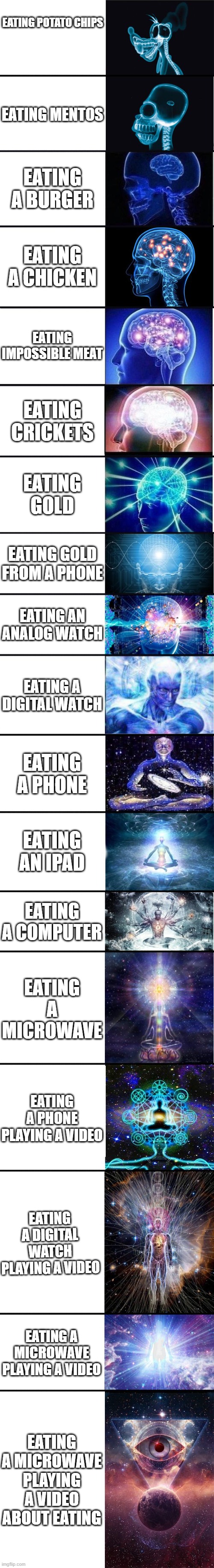 expanding brain: 9001 | EATING POTATO CHIPS; EATING MENTOS; EATING A BURGER; EATING A CHICKEN; EATING IMPOSSIBLE MEAT; EATING CRICKETS; EATING GOLD; EATING GOLD FROM A PHONE; EATING AN ANALOG WATCH; EATING A DIGITAL WATCH; EATING A PHONE; EATING AN IPAD; EATING A COMPUTER; EATING A MICROWAVE; EATING A PHONE PLAYING A VIDEO; EATING A DIGITAL WATCH PLAYING A VIDEO; EATING A MICROWAVE PLAYING A VIDEO; EATING A MICROWAVE PLAYING A VIDEO ABOUT EATING | image tagged in expanding brain 9001 | made w/ Imgflip meme maker