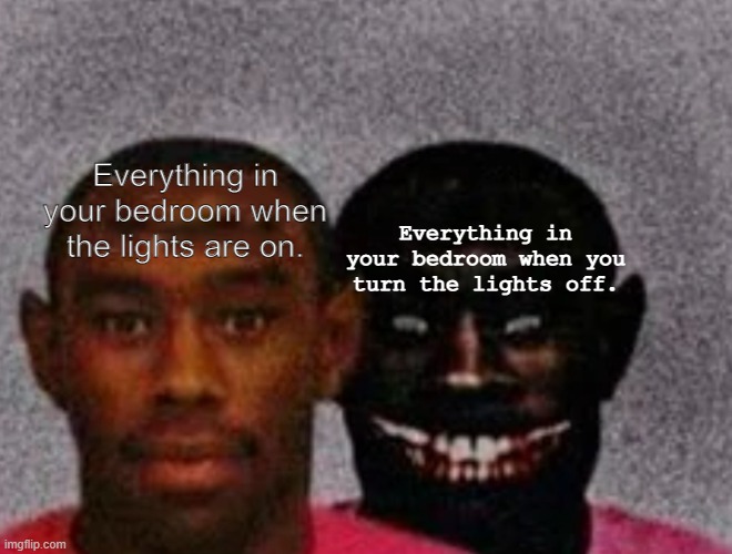 Nyctophobia in a nutshell | Everything in your bedroom when the lights are on. Everything in your bedroom when you turn the lights off. | image tagged in good tyler and bad tyler,fear,bedroom | made w/ Imgflip meme maker