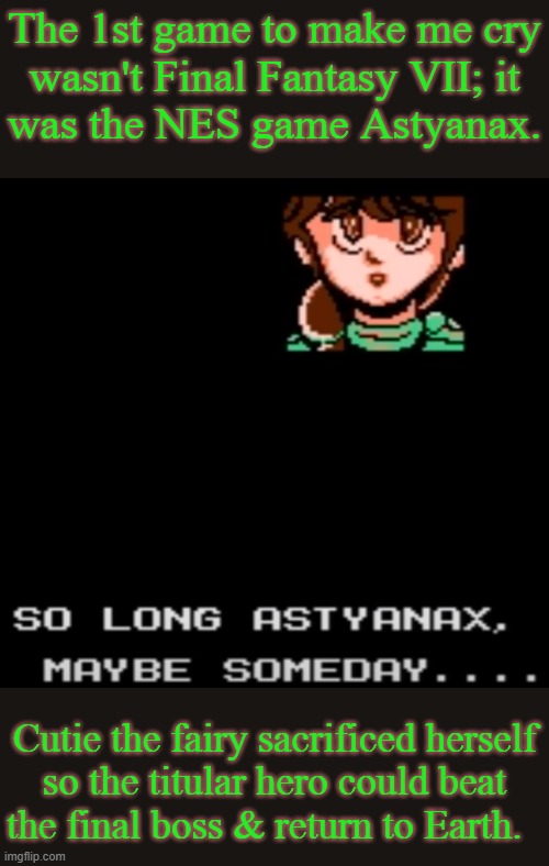 Afterward, her soul isekai'd to Earth to be reborn as a human. | The 1st game to make me cry
wasn't Final Fantasy VII; it
was the NES game Astyanax. Cutie the fairy sacrificed herself
so the titular hero could beat
the final boss & return to Earth. | image tagged in touching,video game,nintendo entertainment system,fantasy,isekai | made w/ Imgflip meme maker