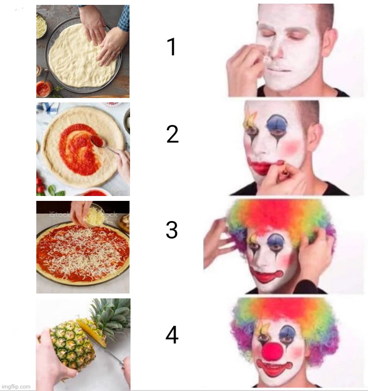 Pizza clown | 1; 2; 3; 4 | image tagged in memes,clown applying makeup,pineapple pizza,meanwhile on imgflip,oh the humanity,what can i say except delete this | made w/ Imgflip meme maker