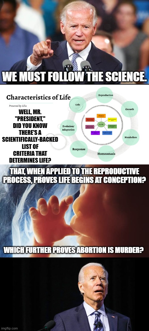 So what do you think of science NOW, Leftards? | WELL, MR. "PRESIDENT," DID YOU KNOW THERE'S A SCIENTIFICALLY-BACKED LIST OF CRITERIA THAT DETERMINES LIFE? WE MUST FOLLOW THE SCIENCE. THAT, WHEN APPLIED TO THE REPRODUCTIVE PROCESS, PROVES LIFE BEGINS AT CONCEPTION? WHICH FURTHER PROVES ABORTION IS MURDER? | image tagged in blank black,biden,abortion is murder | made w/ Imgflip meme maker