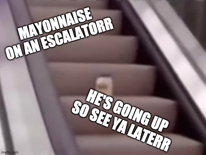 Mayonnaise | MAYONNAISE ON AN ESCALATORR; HE'S GOING UP SO SEE YA LATERR | image tagged in mayonnaise on an escalator | made w/ Imgflip meme maker