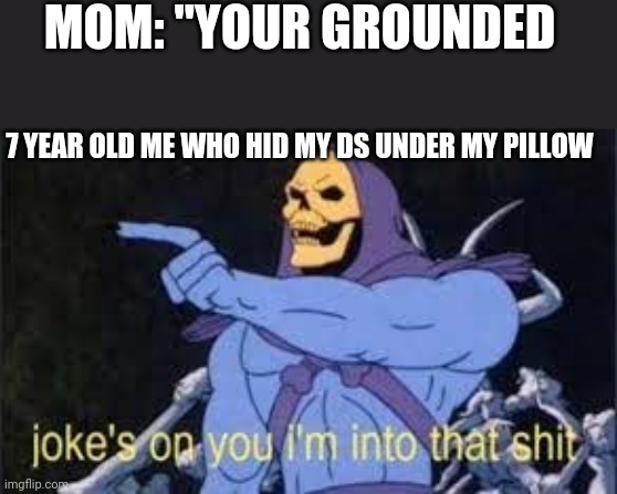 Quandelious the 3rd | MOM: "YOUR GROUNDED; 7 YEAR OLD ME WHO HID MY DS UNDER MY PILLOW | image tagged in jokes on you im into that shit,relatable,funny | made w/ Imgflip meme maker