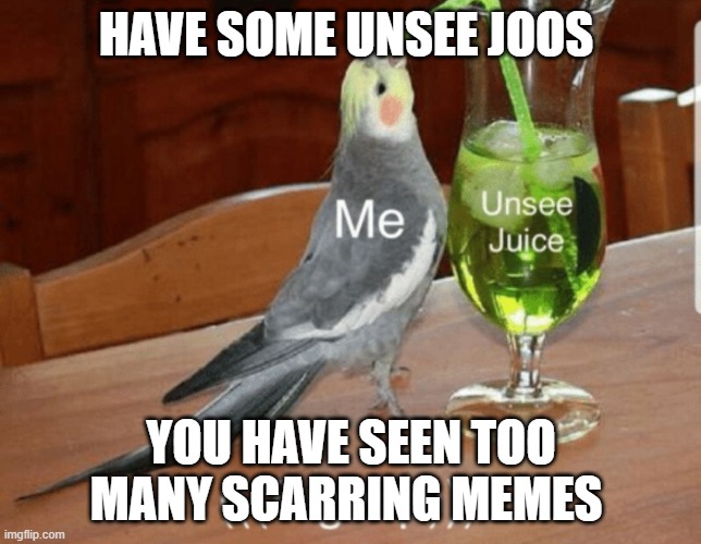 drincc it | HAVE SOME UNSEE JOOS; YOU HAVE SEEN TOO MANY SCARRING MEMES | image tagged in unsee juice | made w/ Imgflip meme maker