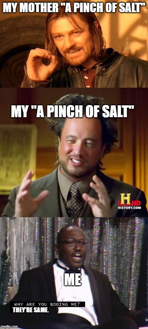 MY MOTHER "A PINCH OF SALT"; MY "A PINCH OF SALT"; ME; THEY'RE SAME. | image tagged in memes,one does not simply,ancient aliens,why are you booing me i'm right | made w/ Imgflip meme maker