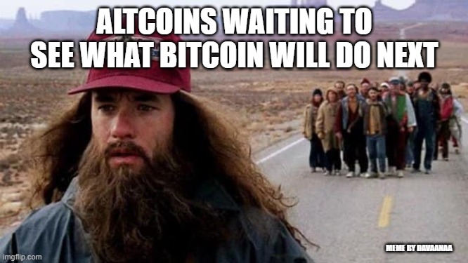 Altcoins waiting to see what Bitcoin will do next | ALTCOINS WAITING TO SEE WHAT BITCOIN WILL DO NEXT; MEME BY DAVAANAA | image tagged in bitcoin,crypto,cryptocurrency,binance | made w/ Imgflip meme maker